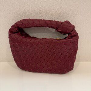 Burgundy Woven Knot Handle Shoulder Bag Intrecciato Style Mini Hobo